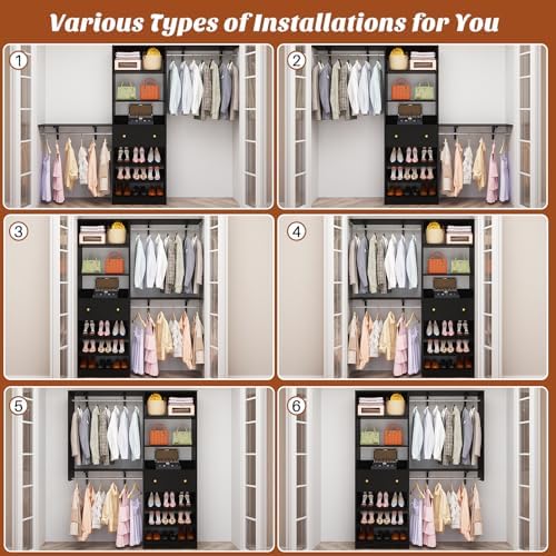Closet System with Drawer - Reversible 5FT Wood Closet Organizer System with 2 Hanging Rods and Adjustable Shelf, Walk In Closet Organizers with Shoe Rack, Built-In Garment Rack Clothes Rack, Black - Image 5