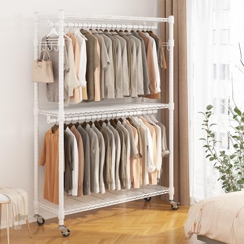 BATHWA Clothes Racks for Hanging Clothes, 25 mm tube Heavy Duty 47.3" W x 17.7" D x 80.7" H Large Wardrobe Rack with Shelves & Wheels Rolling Metal Commercial Multifuctional, White - Image 2