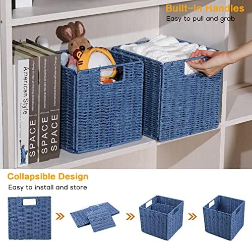 Vagusicc Wicker Storage Basket, Set of 2 Hand-Woven Storage Baskets for Shelves with Handles, Foldable Cube Storage Bins Organizer, Blue 13x13 Inch Large Wicker Baskets for Pantry Bedroom Decor, Blue - Image 4