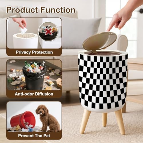 Trash Can with Lid White Black Squares Chess Board Checker Board Abstract Small Garbage Can with Legs Waste Bin Press Cover Wastebasket for Kitchen Bathroom Living Room 7L/1.8 Gallon - Image 6