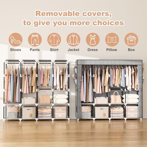 VTRIN Portable Closet for Hanging Clothes 67 Inch Wide Large Capacity Portable Wardrobe Closet with Cover, 4 Storage Shelves and 4 Hanging Rod Sturdy Free Standing Closet for Bedroom, Printing - Image 5