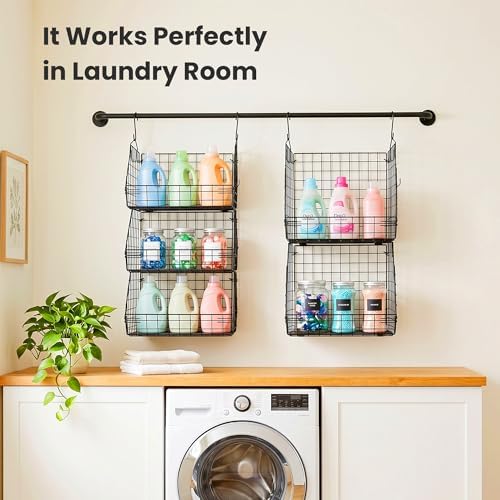 5 Tier Metal Hanging Closet Organizer with 2 Extra Tall Storage Baskets & 3 Standard Wire Baskets, Heavy Duty Foldable Closet Organizer with Snag‑Free Liners for Clothes, Jeans, Handbags, Hats - Image 6