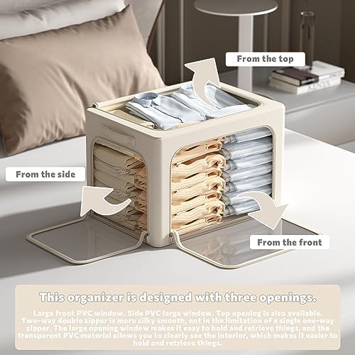 3Pack Clothes Storage Bins - Oxford Frame Storage Box Foldable Stackable Storage Organizer with 3 Openings Design, Metal Frame, Clear Window, Carry Handles (Beige, 100L-23.6 * 16.5 * 15.7in) - Image 2