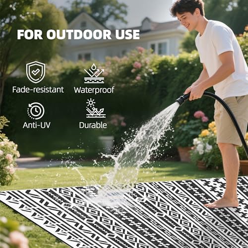 Outsunny Outdoor Rug for Patio Waterproof 9' x 18' Black & White Geometric - Image 6