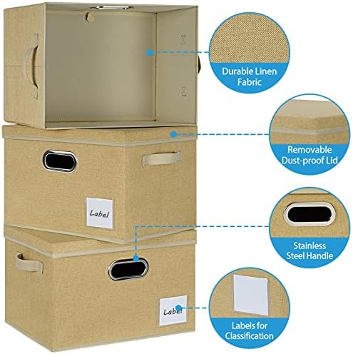 LHZK Large Storage Bins with Lids 6 Pack, Foldable Linen Fabric Storage Boxes with Lids, Sturdy Fabric Storage Bins with Label & 3 Handles for Shelves Bedroom Home Office (Beige, Large) - Image 4