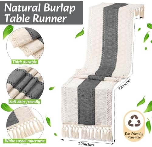 6 Sets Boho Placemat Table Runner Napkin Rings, Gray, 12x72 - Image 4
