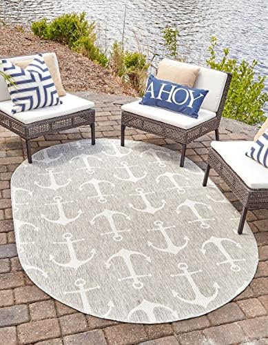 Unique Loom Outdoor Coastal Collection Area Rug - Ahoy (7' 10" x 10' Oval, Gray/ Ivory) by UniqueLoom