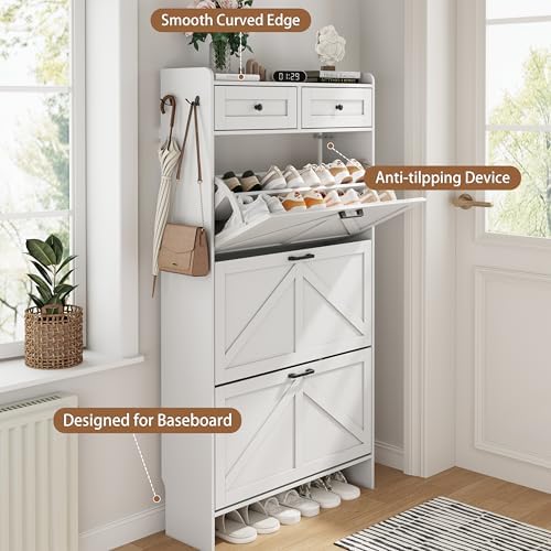Shoe Cabinet with 3 Flip Drawers & 2 Top Drawers, 57" Tall Freestanding Narrow Wooden Shoe Storage Organizer for Entryway, Hidden Slim Shoe Rack for Front Door Entrance, Hallway, Living Room, White - Image 5