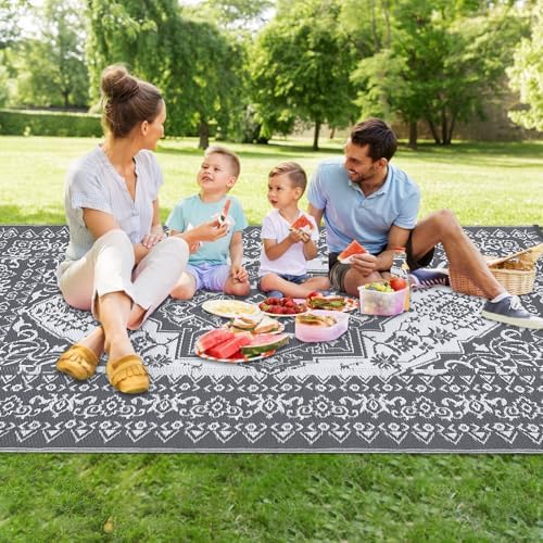Outdoor Rug 9x12 Reversible Patio Rug Outdoor Plastic Straw Rug Vintage Medallion Washable Rug Waterproof for Deck RV Outside Rug for Patio Backyard Picnic Camp Beach Balcony Grey White - Image 7