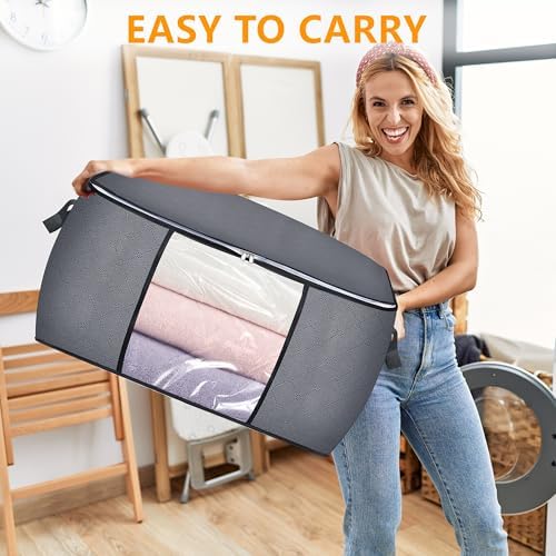 10 Pack Clothes Storage Bags, 90L Large Blanket Storage Bag Comforter Storage Bin with Reinforced Handle and Lid Foldable Closet Organizer and Storage Containers for Bedding Pillows Sheets and Duvet - Image 6