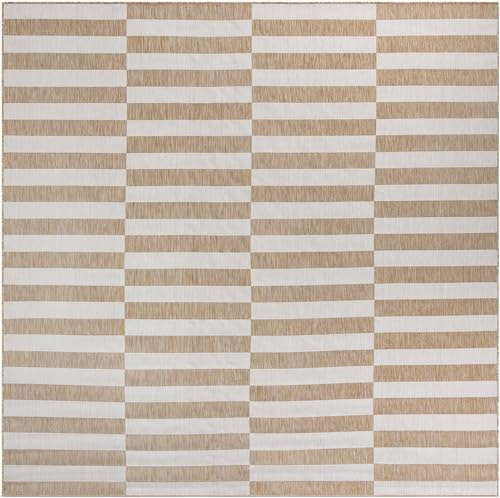 Unique Loom Outdoor Striped Collection Area Rug - Striped (10' Square Taupe/Ivory) - Image 2