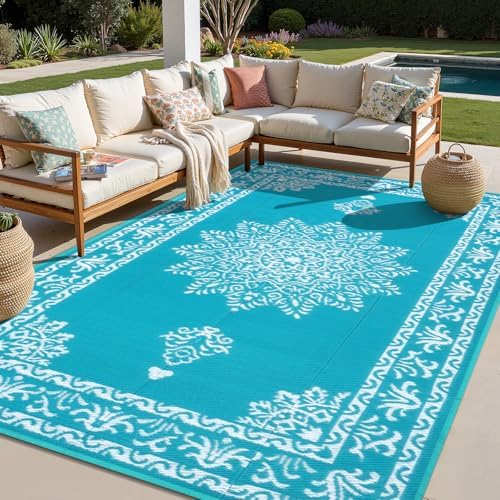 Yamaziot 6x9Ft Outdoor Rug Waterproof Plastic Straw Outdoor Patio Rug, Teal - Image 4
