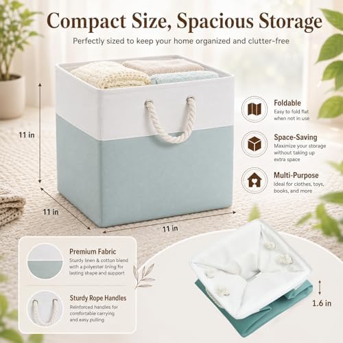 6 Pcs 11 x 11 Inch Light Green Cube Storage Bins Fabric Square Cube Baskets - Image 2