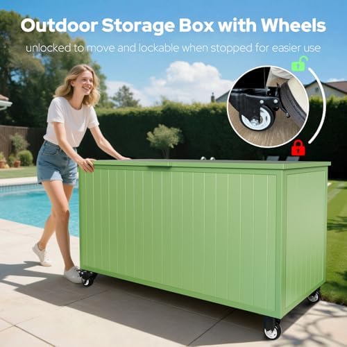 150 Gallon Outdoor Storage Box with Wheels, Metal Deck Boxes,Green - Image 2