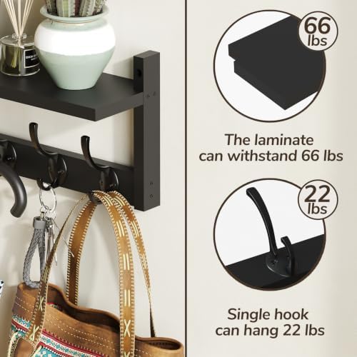 AMBIRD 34.2" Extra Long Wooden Wall Hook Rack with Shelf - Versatile and Decorative Wall-Mounted Storage with 10 Hooks for Coats, Hats, Keys - Ideal for Entryways, Bedrooms, Closets (Stylish Black) - Image 7