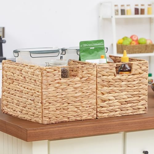 Vagusicc Wicker Storage Basket, Set of 2 Hand-Woven Storage Baskets for Organizing, Large Wicker Basket for Toilet Paper, Foldable Large Cube Storage Organizer Baskets Bin for Shelves (Water Hyacinth) - Image 5