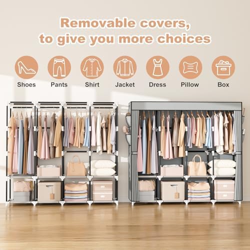 VTRIN Portable Closet for Hanging Clothes 67 Inch Wide Large Capacity Portable Wardrobe Closet with Cover, 4 Storage Shelves and 4 Hanging Rod Sturdy Free Standing Closet for Bedroom, Grey - Image 5