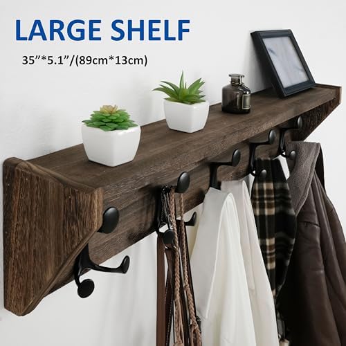 WEBI Wall Shelf with Hooks Underneath,35" Long Wall Mounted Coat Rack with Shelf,Entryway Coat Rack with 5 Triple Hooks for Hanging Coats,Jacket,Hallway,Bedroom,Mudroom,Weathered Brown - Image 7