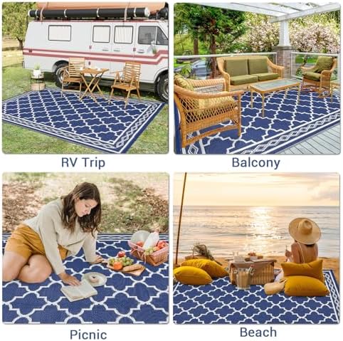 GAOMON Outdoor Rug Waterproof 8'x10', Reversible Outdoor Plastic Straw Rug, Boho Patio Rug, Indoor Outdoor Carpet, RV Mat Outside for Patio, Camp, Picnic, Balcony, Deck, Navy/White(Geometric) - Image 4