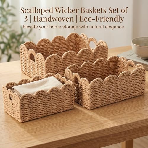 Scalloped Wicker Baskets Set of 3, Hand-Woven Storage with Handles - Image 6