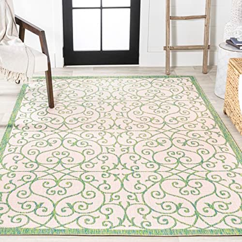Eyely Filigree Textured Weave Area Rug 4X6 Cream/Green, Indoor Outdoor Rug - Image 5