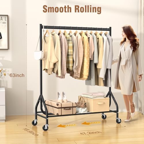 EAGMAK Heavy Duty Clothes Rack Load 420 LBS, 47.2" Long Rolling Garment Rack with Lockable Wheels, Standing Metal Clothing Hanger, Portable Wardrobe Sturdy Coat Organizer for Hanging Clothes (Black) - Image 2