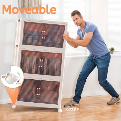 95 QT (285 QT Total) Stackable Storage Bins with Doors – 3 Tier Plastic Cabinet with Doors – Magnetic closure Foldable Storage Bins with Lids & Wheels –Collapsible Organizer with Leather Handles - Image 3