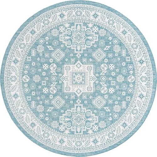 Rugs.com - Outdoor Aztec Rug – 10 Ft Round Aqua Indoor/Outdoor Rug – Washable Flatweave for Patios, Decks, and Porches - Image 3