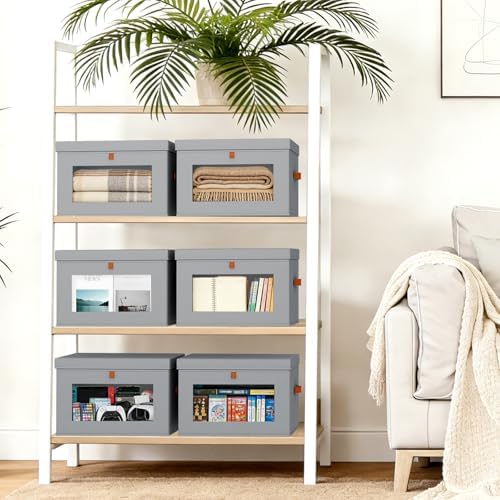 DIMJ Storage Bins with Lids - 5 Pack Fabric Closet Organizer with Window & Handles, Collapsible Decorative Storage Boxes for Shelves Under Bed, Books Clothes Blankets Sweaters Organization - Image 5