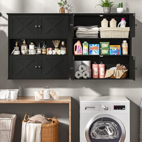 Vabches Bathroom Wall Cabinet, Farmhouse Medicine Cabinet with 4 Barn Doors, Large Wooden Vintage Storage Cabinet Wall Mounted for Bathroom, Kitchen, Black - Image 4