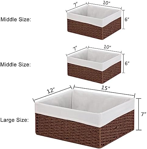 Vagusicc Wicker Basket, Set of 3 Hand-woven Storage Baskets for Organizing, Decorative Rectangle Wicker Storage Basket Bins with Handles, Small Toilet Paper Storage Baskets for Shelves & Decor, Brown - Image 3