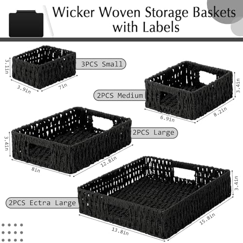 Marsui 9 Pcs Paper Rope Storage Baskets with Handle Labels Handwoven Multi-size Black Storage Bins for Organizing Small Baskets Container for Shelves Closet Pantry Toilet - Image 2