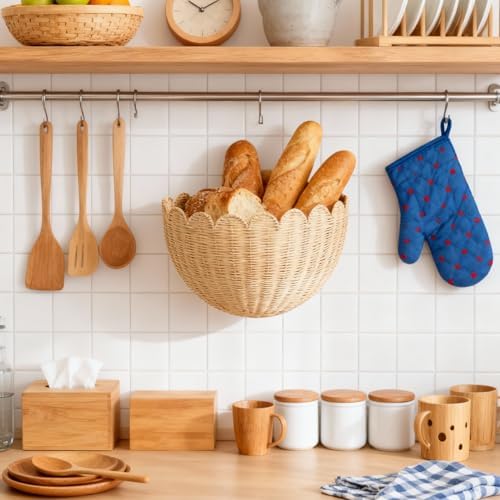 Scalloped Wicker Wall Basket - Rattan Hanging Storage Organizer, Decorative Basket for Nursery, Bathroom, Front Door, Perfect for Flowers, Mail, Toys - Image 6