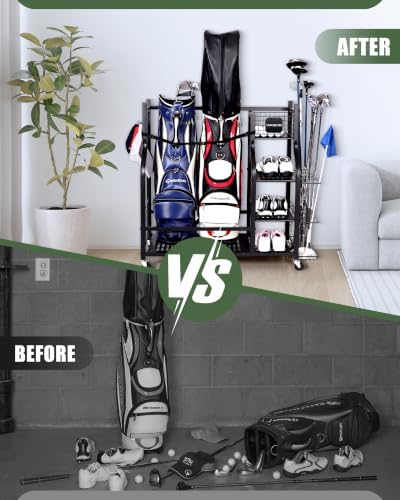 Golf Bag Storage Organizer Rack for Garage, Golf Bag Stand with Rolling Wheels, Heavy-Duty Metal Golf Equipment Organizer for Home, Garage, Clubhouse - Image 6