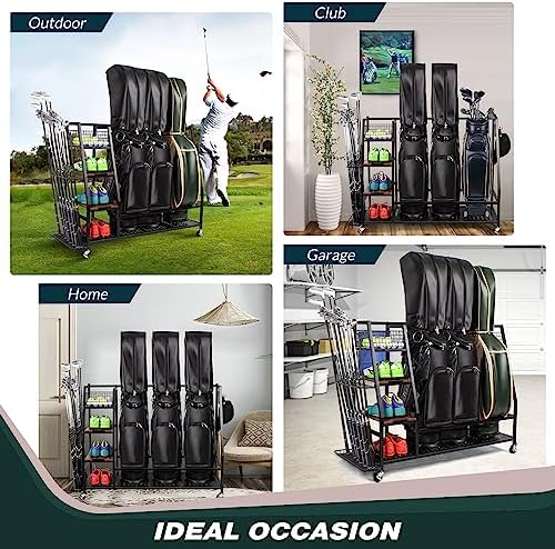 Sttoraboks Golf Bags Storage Garage Organizer, Golf Bag Rack Fits 2/3 Golf Bags and Golf Equipment Accessories, Golf Club Storage Stand with Wooden Shelf and Lockable Wheels for Garage Indoor Basement - Image 5