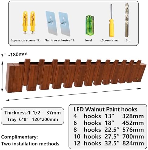 Paint Wood Wall Mounted Coat RackHooks Piano Key Hangers Natural Solid Wood Hanger Non-Woven Fabric Clothes Hangers for Closet, Kitchen, Bedroom, Bathroom, Entryway（LED+Walnut 8 Hooks） - Image 3