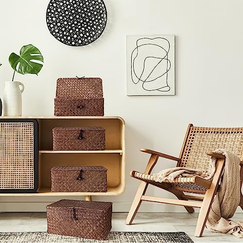 Woanger Set of 4 Wicker Baskets with Lids, Coffee - Image 6