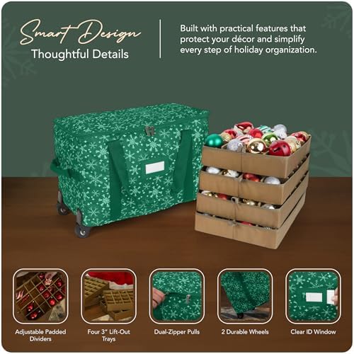 Covermates Keepsakes Rolling Adjustable Ornament Storage Bag – Heavy-Duty Polyester, FlexGrid Trays & Padded Dividers – Protective Holiday Organizer with Wheels, Handles & ID Window, Green Snowflake - Image 4