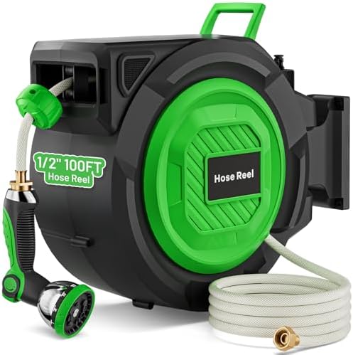 Retractable Garden Hose Reel, 1/2 in x 100 ft Automatic Slow Rewind System & Any Length Lock, Heavy Duty Wall-Mounted Hose Reel with 180° Swivel Bracket,10-Pattern Nozzle for outside Watering,Cleaning by Unknown