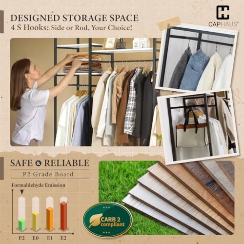 CAPHAUS 913lbs Capacity Garment Rack for Hanging Clothes, Heavy Duty Open Wardrobe w/Hanging Rods, Free Standing Closet Organizer, Clothing Rack, Metal Closet w/Wooden Boards, Rustic Oak Board - Image 5