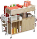 Height-Adjustable Gift Wrapping Station with Paper Clamp & Adhesive Measuring Tape,Rolling Wrapping Paper Cart with Ribbon & Gift Bag Storage, Craft Organizer Workstation (Oak) by Unknown