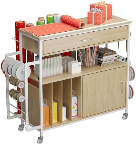 Height-Adjustable Gift Wrapping Station with Paper Clamp & Adhesive Measuring Tape,Rolling Wrapping Paper Cart with Ribbon & Gift Bag Storage, Craft Organizer Workstation (Oak) by Unknown