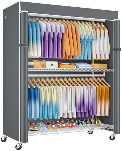 ULIFHOME P8C Max Heavy Duty Clothes Rack（With Extended Width Design） Rolling Clothing Racks for Hanging Clothes with Lockable Wheels，51.2" W x 15.8" D x 80.5" H，Load 800LBS，White Rack with Grey Cover by UlifHome