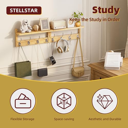 STELLSTAR Coat Rack with Shelf, 2 Pack Bamboo Wall-Mounted Coat Hanger with 8 Hooks for Entryway, Hallway, Kitchen, Bathroom, Living Room, Utility Room (Natural) - Image 5