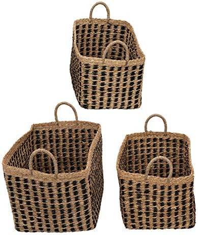 Creative Co-Op Hand-Woven Seagrass Baskets with Handles, Black & Natural, Set of 3 (Each One Will Vary) by Unknown