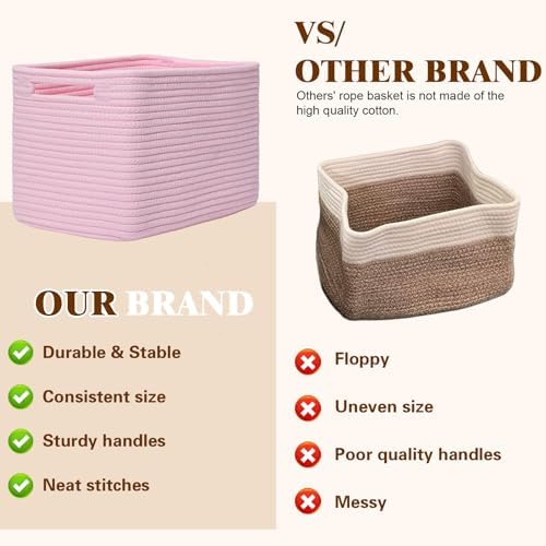 Storage Baskets for Organizing, 4 Pack Baskets for Shelves, Decorative Storage Bins for Shelves, Cotton Rope Storage Basket with Handles, Woven Basket for Storage, 13''Lx8.7''Wx7.9''H, Pink - Image 4