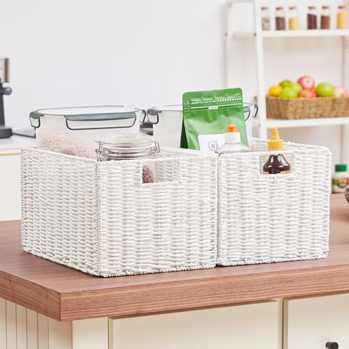 Vagusicc Wicker Storage Basket, Set of 2 Hand-Woven Paper Rope Wicker Basket, Small Storage Baskets for Organizing Toilet Paper Basket, Foldable Large Cube Storage Organizer Bins for Shelves (White) - Image 6
