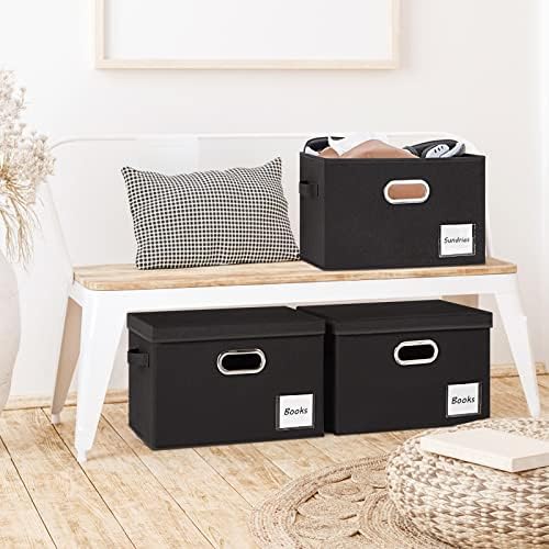 LHZK Extra Large Storage Bins with Lids 6 Pack, Foldable Linen Fabric Storage Boxes with Lids, Sturdy Fabric Storage Bins with Label & 3 Handles for Shelves Bedroom Home Office (Black, Extra Large) - Image 6
