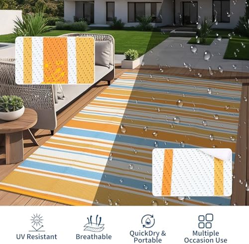 Garvee Striped 9x18 Waterproof Modern Lines Large Outdoor Rug Blue Yellow - Image 6