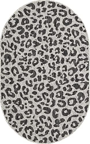 Unique Loom Outdoor Safari Collection Area Rug - Leopard (3' 3" x 5' 3" Oval, Light Gray/ Gray) - Image 3